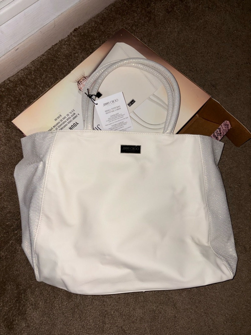2010 Jimmy Choo White Leather Tote with Textured Side Panels and Rolled Handles